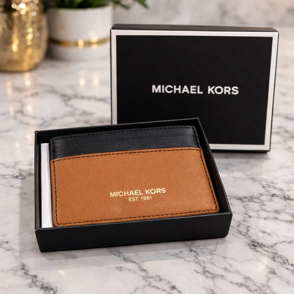 Michael Kors Andy Leather Card Holder Luggage Tan Black NWT